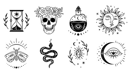 Wall Mural - boho design elements set. witchcraft mystical silhouettes. magic monochrome illustration. occult and