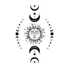 sun moon vector silhouette design. boho sun with face surrounded by crescent moon and moon phases. v