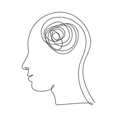 Aufkleber - Concept of bad mental health. Human head with confused feelings in one line art style. Continuous drawing illustration. Abstract linear Vector for flyer, banner, brochure, poster, presentation