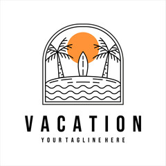 Wall Mural - vacation surf logo line art vector illustration template design. tropical island and the beach with palm tree logo line art badge concept design