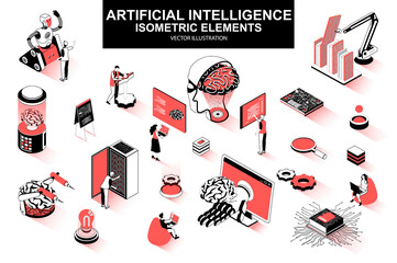 Wall Mural - Artificial intelligence bundle of isometric elements. Electronic brain, cyborg, deep learning, futuristic technology, robot isolated icons. Isometric vector illustration kit with people characters.