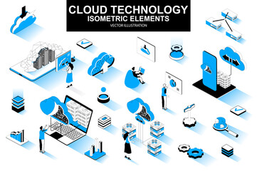 Leinwandbilder - Cloud technology bundle of isometric elements. Server rack, hosting provider, information network, data storage, cloud database isolated icons. Isometric vector illustration kit with people characters