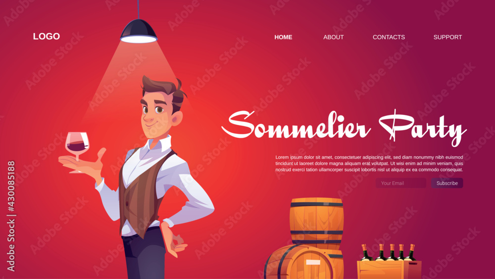 Sommelier party website with man holding wineglass. Banner of tasting alcohol drinks in winery bar or restaurant. Vector landing page with cartoon taster, wooden barrels and wine bottles - obrazy, fototapety, plakaty 