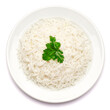 Plate of Boiled Rice isolated on a white background with clipping path embedded