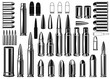 Set of Illustrations of bullets and cartridges in vintage monochrome style. Design element for logo, label, sign, emblem, poster. Vector illustration