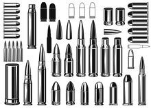 Set Of Illustrations Of Bullets And Cartridges In Vintage Monochrome Style. Design Element For Logo, Label, Sign, Emblem, Poster. Vector Illustration