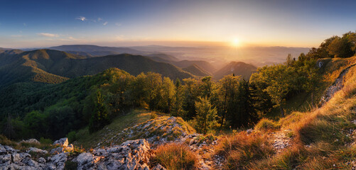 Wall Mural - beautiful landscape with mountain and forest at sunrise, slovakia fatra