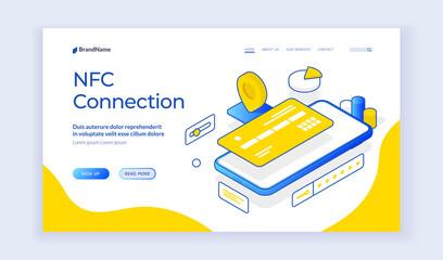 Poster - NFC Connection. Vector isometric illustration of smartphone with credit card representing contactless payment technology. Isometric web banner, landing page template
