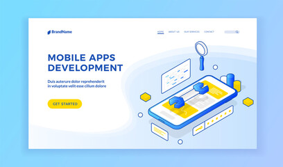 Poster - Mobile apps development. Isometric illustration of smartphone with wrench on screen on banner advertising prototyping and testing mobile applications development service. Landing page template