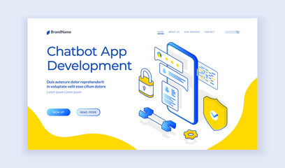 Poster - Chatbot appdevelopment. Landing page template. Vector isometric illustration of smartphone with contemporary chatbot and development symbols on modern web banner. Isometric web banner