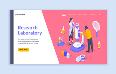 Poster - Research labolatory. Isometric illustration of web page banner with scientists and medical equipment offering information to learn about research laboratory. Landing page template