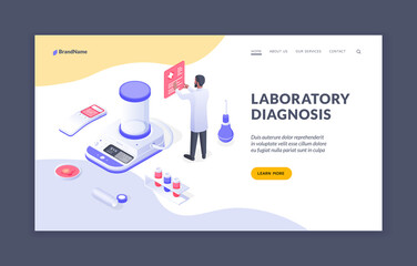 Poster - Laboratory diagnosis. Male doctor working in laboratory with medical isometric icons. Isometric web banner, landing page template