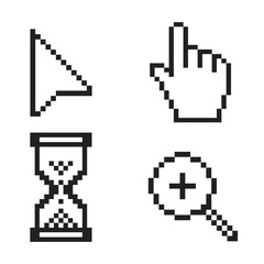 Leinwandbilder - Black and white pixel arrow, hand, magnifier and hourglass pixel mouse cursor icons vector illustration set flat style design isolated on white background.