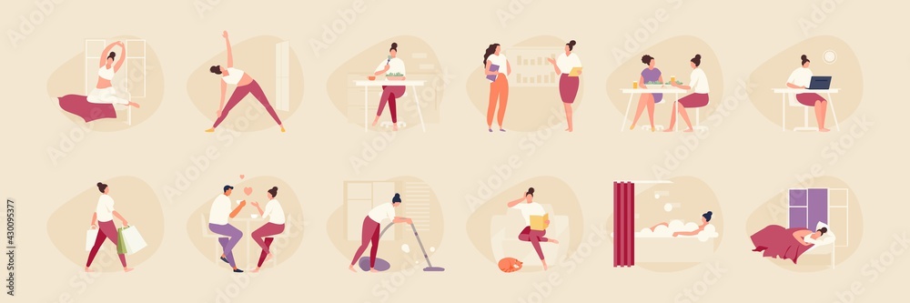Woman daily routine from morning till evening. Modern lifestyle vector illustration - obrazy, fototapety, plakaty 
