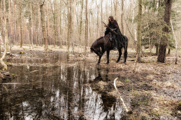 Wall Mural - beautiful black dressed woman in historical costume with bow and arrow in the wetlands