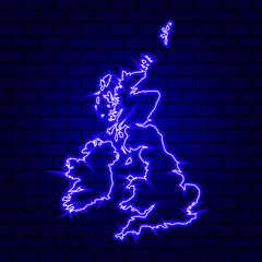 United Kingdom glowing neon sign on brick wall background