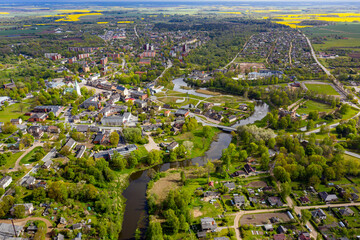 view from above of the Dobele city, Industrial and residential buildings, streets and parks, Latvia