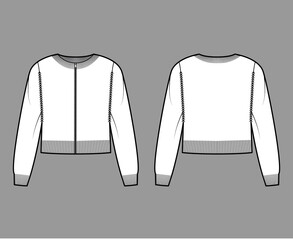 Sticker - Zip-up cardigan cropped Sweater technical fashion illustration with rib crew neck, long sleeves, knit trim, oversized. Flat jumper apparel front, back, white color style. Women men unisex CAD mockup