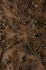Wall Mural - Flat lay, top view. Floral pattern with small mimosa flowers, juniper, pussy willow on brown background. Spring or summer concept. A background with flowers.