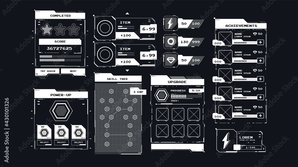 Menu of graphical user interface GUI to build 2D games. Hud user ...