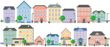 Pixel Art Empty City Vector. Pixelated City Downtown Landscape With Small Houses And Buildings. Design For Mobile App, Computer Game. Low-rise Apartment Buildings Isolated On White Background