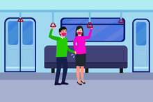 Sexual Harassment Vector Concept. Young Man Wearing Face Mask While Harassing Female Passenger In The Train