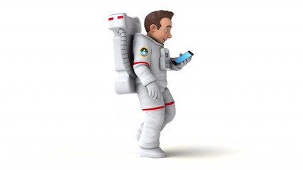 fun 3d cartoon astronaut walking with a smartphone