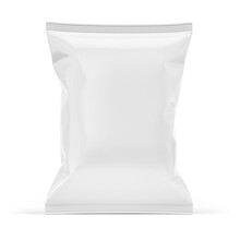 Blank White Plastic Bag. Food Snack, Chips Packaging Isolated On White Beckground. 3d Rendering Mockup Template