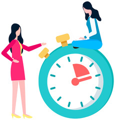 Poster - Time management and deadline concept. Business woman sitting on stopwatch, employee and big watch isolated on white. Office workflow, multitasking and work planning. Teamwork, project planning