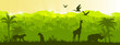 © Oleksandra - Jungle vector forest silhouette landscape, green tropical nature background, leopard, giraffe, rhino. Rainforest wildlife environment ecology banner, summer outline panorama. Animal jungle landscape