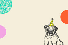 Cute Birthday Beige Background With Vintage Pug Dog In Party Cone Hat