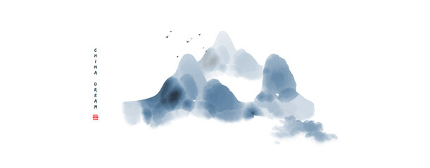 Wall Mural - Chinese ink painted background with misty mountains. China dream.