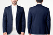 Navy blue men's blazer business wear fashion with design space full body and rear view set