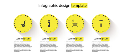 Wall Mural - Set Wheelchair for disabled person, Test tube with blood, Operating table and Neurology reflex hammer. Business infographic template. Vector