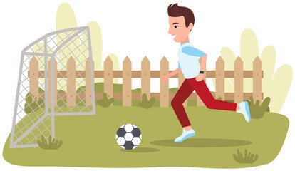 Wall Mural - Guy plays football on street. Athlete kicks ball and scores goal. Male character running after ball during game. Man strikes at goal to win. Footballer is engaged in sports, outdoor activities