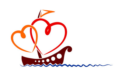 Wall Mural - The Yacht symbol with red hearts and blue sea.