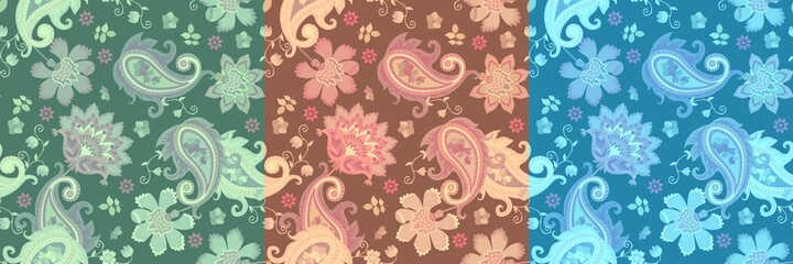 Wall Mural - Tapestry collection. Three vintage seamless patterns with paisley, leaves and fantasy flowers in ethnic style. Indian, persian, russian motifs.