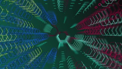 Poster - Movement of a wall of hexagons in waves up and down, which creates green self-luminous hexagons. Abstract futuristic geometric surface of hexagons. Hexagonal pattern. Looping Seamless 3D Animation