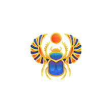 Icon Of Gold Egyptian Scarab With Blue Enamel Flat Vector Illustration Isolated.