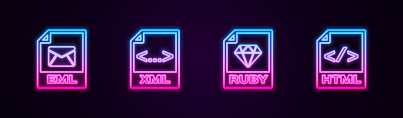 Set line EML file document, XML, RUBY and HTML. Glowing neon icon. Vector