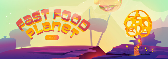 Poster - Fast food planet cartoon landing page with burger sphere over alien landscape with bizarre tree. Cosmic fantasy game, space adventure, funny world ui graphic design vector web banner