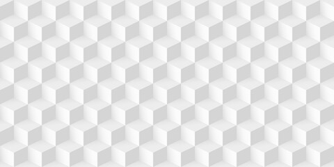 Poster - Seamless geometric cube background. 3d abstract white and grey design vector illustration. Retro style with mosaic structure effect. Modern wallpaper with dimensions in volume