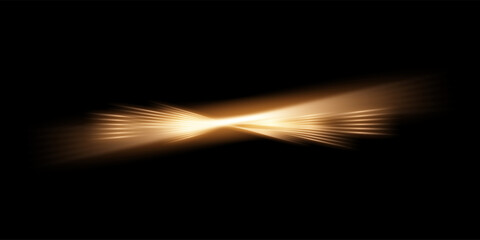 Wall Mural - Gold light glow on black horizontal background. Golden bright flare shining vector illustration. Flash of light with ray beams in space. Sunshine sparkles and lines effects