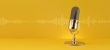 Gold Microphone And Sound Wave On Yellow Background.