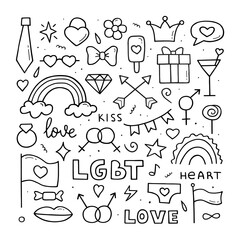 Set of LGBT vector doodle. Gay parade. Hand drawn sketch. Isolated outline illustration.