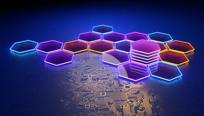 Poster - Techology background with light emitting chips on a motherboard. 3D render/ rendering