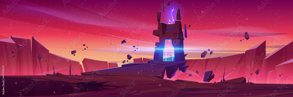 Magic portal on alien planet, space landscape, fantasy scene with rocks ...