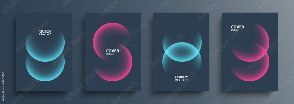 Cover template layouts with vibrant gradient round shapes. Futuristic abstract backgrounds with glossy sphere for your graphic design. Vector illustration. - obrazy, fototapety, plakaty 