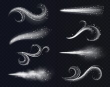 Cold Wind Air Streams. Realistic Winter Breath Flows With Snowflakes, Visual Physical Effects And Dynamic Curve Forms, Swirling Smoke, Particle Flows, Weather Processes Vector Isolated Set