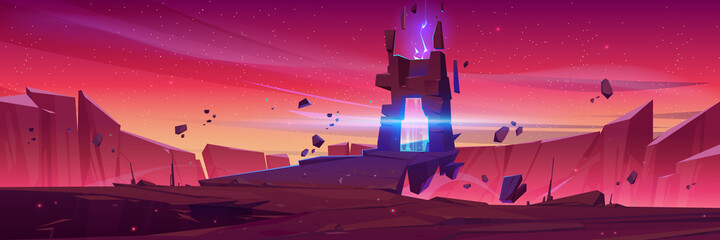 Wall Mural - magic portal on alien planet, space landscape, fantasy scene with rocks, stone doorway with plasma g